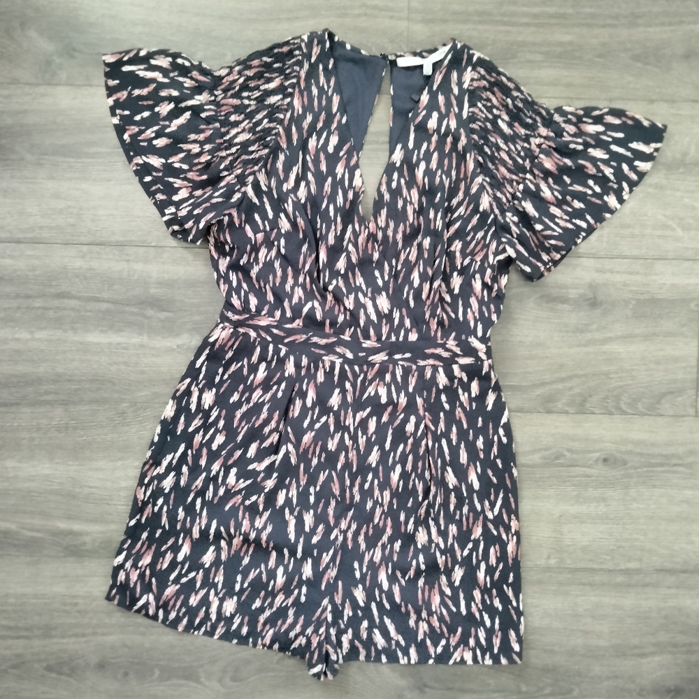 Collective Concepts NWT Debbie Printed Navy Romper Key Hole Back Lined Size S